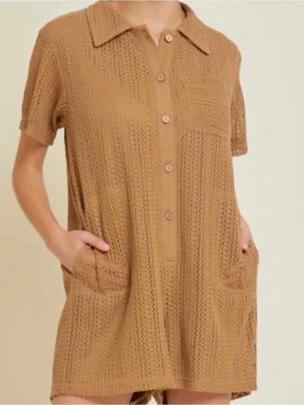 Crochet Button-Front Short Sleeve Romper in Camel